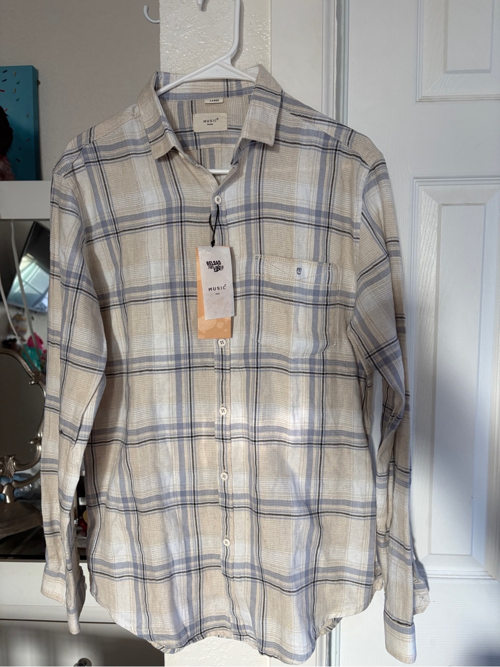 Casual Plaid Button-Down Shirt — Beige & Light Blue